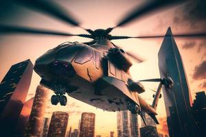 Modern futuristic army helicopter transport in city center. Neural network generated art photo