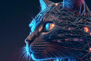 Portrait of a futuristic robot cat. An artistic abstract cyberpunk fantasy. Concept of a cyber cat. Neural network generated art photo