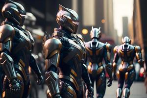 muchos moderno futurista masculino humanoide robots con metal atuendo. neural red generado Arte foto