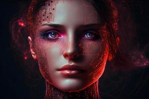 Modern futuristic female humanoid robot portrait with technology details on face. Neural network generated art photo