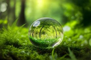 Crystal ball on green grass with reflection of green vegetation inside. Neural network generated art photo