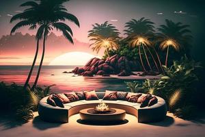 Luxury beach with chillout lounge place for rest next to sea shore under the palm trees. Neural network generated art photo