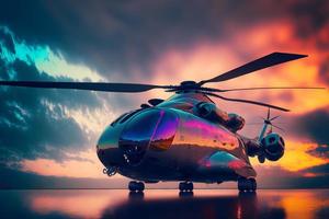 Modern futuristic army helicopter transport in city center. Neural network generated art photo