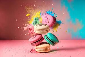 Colorful macarons with sugar powder explosion moment on pink background. Neural network generated art photo