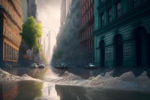 Flood in city center with light sky after heavy rain. Neural network generated art photo