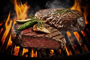 Barbecue garden grill with beef steaks, close-up photo