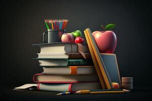 Back to school background with stack of books and school supplies in front of a black chalkboard photo