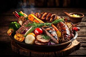 grilled meat and bratwurst with vegetables over the coals on a barbecue on rustic wooden background photo