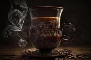 Cup glass of coffee with smoke and coffee beans on old wooden background photo