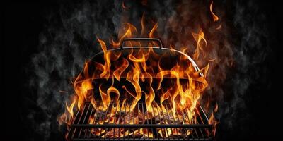 Empty Barbecue Flaming Charcoal Grill With Bright Flames Of Fire Isolated On The Black Background photo