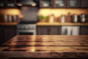 Wood tabletop on blur kitchen counter background photo