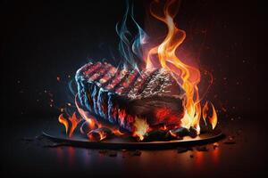 grilled marbled beef steak and fire photo