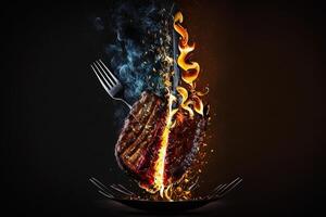 medium rare steak on an iron fork on a dark background. from below, fire and sparks. meat and fire photo
