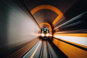 Motion blur of train moving inside tunnel photo