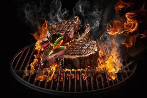 Tasty beef steaks and skewers flying above cast iron grate with fire flames. Freeze motion barbecue concept photo