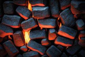 Glowing Hot Charcoal Briquettes Close-up Background Texture photo