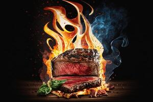 grilled marbled beef steak and fire photo