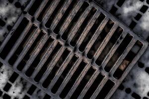 Top view of smoking smouldering charcoals under black cast iron grill grate ready for food cooking photo