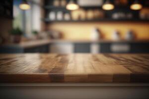 Wood tabletop on blur kitchen counter background photo