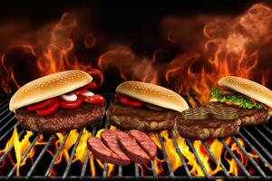 hamburgers and hot dogs cooking on grill with flames photo