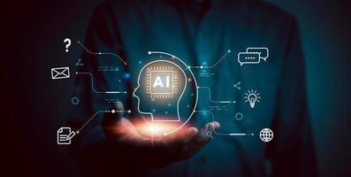 AI Artificial Intelligence and conversational chatbots businesses digital technology interact with applications, including customer service, sales and marketing and big data virtual screen. photo