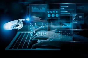 Artificial intelligence AI research of robot and cyborg development business intelligence dashboard Big data diagram graph virtual screen. economic analysis and investment finance and marketing. photo