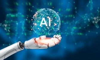 robot hand touching digital world and virtual graphic interface and artificial intelligence AI, Machine learning, big data network connection 3D rendering. photo