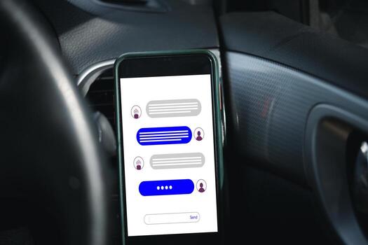 smartphone in car chatbot with artificial intelligence technology virtual information and customer support, Chat AI Digital chatbot, robot application, OpenAI generate. photo