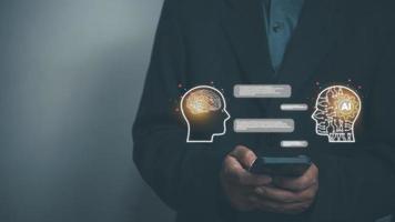 AI Artificial Intelligence and conversational chatbots businesses digital technology interact with applications, including customer service, sales and marketing and big data virtual screen. photo