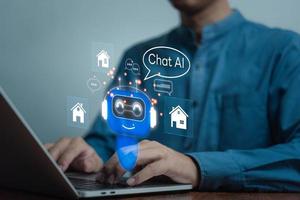 chatbot conversacion ai artificial inteligencia tecnología en línea. charla jefe ai análisis encontrar información y responder preguntas acerca de el real inmuebles ventas programa. robot solicitud, abierto generar. foto