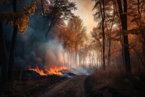 seco bosque a otoño hora ardiente y creando un lote de fumar. un bosque con grande arboles y fuego fatuo a oscuridad tiempo. bosque la carretera y amarillo arboles ardiente en fuego. fuego fatuo en un bosque. generativo ai. foto