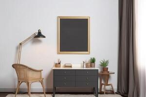 Frame mockup illustration on a home wall with furniture. Simple photo frame on a white wall with modern furniture. Home interior illustration with chair, desk, lampstand, and carpet. .