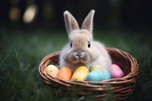 Cute bunny sitting on a little basket with colorful eggs. Realistic Easter bunny concept with a blurry grass background. Easter Sunday cute bunny sitting with colorful Easter eggs. . photo