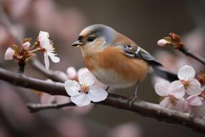 Beautiful Common chaffinch bird sitting on a cherry blossom tree branch. Little chaffinch bird close-up with beautiful sakura flower. Scenic nature view with a bird and flowers. . photo