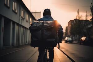 A delivery man full rear view riding a bicycle with a delivery bag on his back. Online shopping and home delivery concept with a delivery man. Delivery boy riding on an urban road. . photo