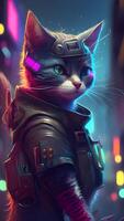 illustration of cat in cyberpunk style with apparel and clothing with futuristic city background and neon light. science fiction fantasy image. images. photo