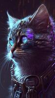 illustration of cat in cyberpunk style with apparel and clothing with futuristic city background and neon light. science fiction fantasy image. images. photo