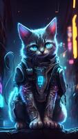 illustration of cat in cyberpunk style with apparel and clothing with futuristic city background and neon light. science fiction fantasy image. images. photo