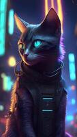 illustration of cat in cyberpunk style with apparel and clothing with futuristic city background and neon light. science fiction fantasy image. images. photo