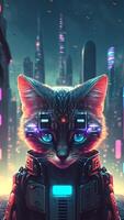 illustration of cat in cyberpunk style with apparel and clothing with futuristic city background and neon light. science fiction fantasy image. images. photo