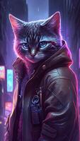 illustration of cat in cyberpunk style with apparel and clothing with futuristic city background and neon light. science fiction fantasy image. images. photo