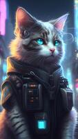 illustration of cat in cyberpunk style with apparel and clothing with futuristic city background and neon light. science fiction fantasy image. images. photo