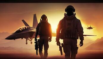 Military pilots near jet fighter at sunset. Military aviation. Created with photo