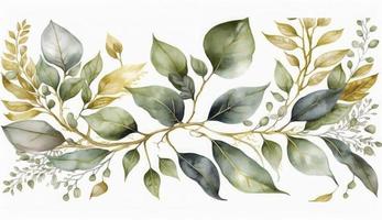 Watercolor seamless border - illustration with green gold leaves and branches, for wedding stationary, greetings, wallpapers, fashion, backgrounds, textures, DIY, wrappers, cards, Generate Ai photo