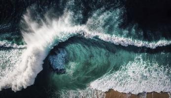 Spectacular aerial top view background photo of ocean sea water white wave splashing in the deep sea. Drone photo backdrop of sea wave in bird eye waves, Generate Ai