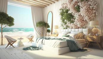 Beach bedroom interior- Modern and Luxury vacation with full flower decoration 3d render, Generate Ai photo