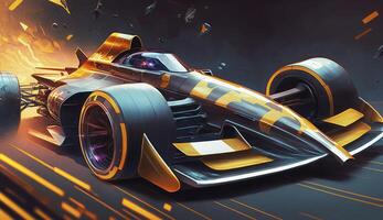 Futuristic racing formula at fast ride to finish. Postproducted digital illustration. photo