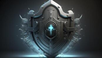 Concept of cyber security designed as lock on defensive shield. Postproducted illustration. photo