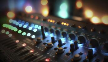Sound mixer closeup with glowing lights at club party. Postproducted illustration. photo
