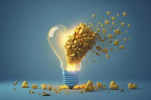 heart concepts of yellow light bulb blasting off on blue background.Creativity of human.3d render and illustration photo